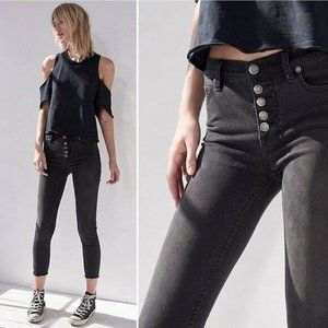 Free People Reagan Button Front Raw Hem Jeans Black Ankle Skinny Womens Size 29